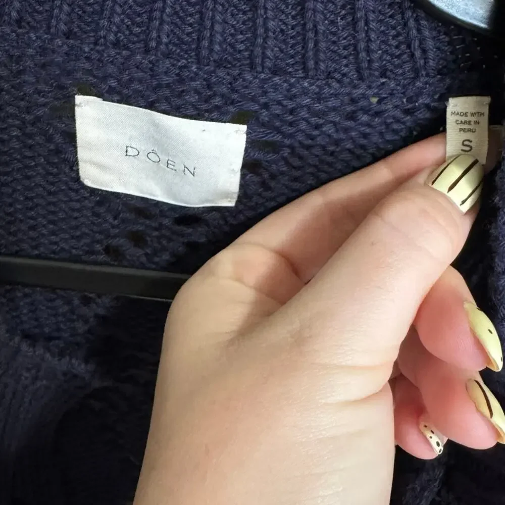 Doen Forget Me Not Cable Knit Floral Cardigan Navy Blue Size Small